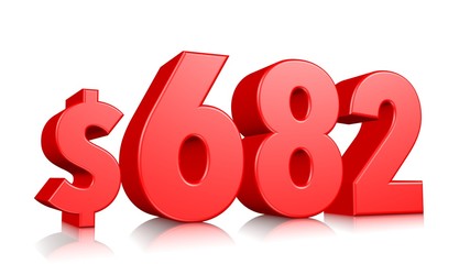 682$ Six hundred eighty two price symbol. red text number 3d render with dollar sign on white background