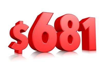 681$ Six hundred eighty one price symbol. red text number 3d render with dollar sign on white background
