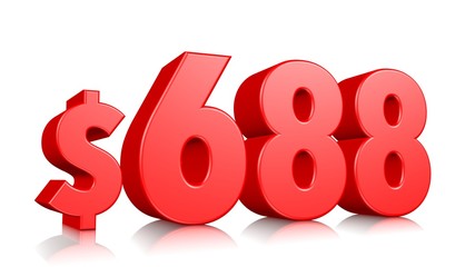 688$ Six hundred eighty eight price symbol. red text number 3d render with dollar sign on white background