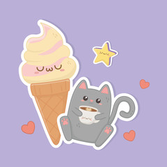 cute cat with coffee and ice cream kawaii characters
