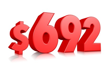 692$ Six hundred ninety two price symbol. red text number 3d render with dollar sign on white background