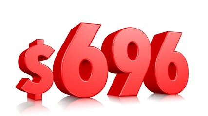 696$ Six hundred ninety six price symbol. red text number 3d render with dollar sign on white background