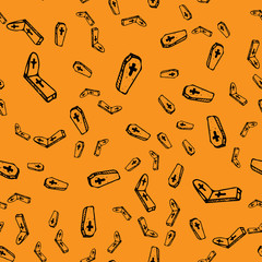 Sketch Halloween tombstone and coffin seamless outline. Halloween tombstone and coffin seamless outline in a hand-drawn style. October harvest background. Vector freehand set