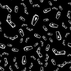 Sketch Halloween tombstone and coffin seamless outline. Halloween tombstone and coffin seamless outline in a hand-drawn style. October harvest background. Vector freehand set