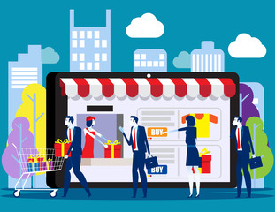People shoping online. Concept with happy customers buying and making pay ments with smarthphones, E-commerce advertising vector illustration.