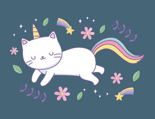 cute cat with rainbow tail kawaii character