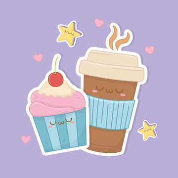 coffee in container plastic and cupcake kawaii characters