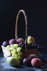 Still life fruits, grape,plum,peach and pear