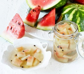 Pickled Watermelon Rind. marinated  watermelon. recipes from watermelon. concept of nutrition without waste. conservation and stocks for the winter. american kitchen