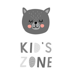 Baby print with  cat, kids zone. Hand drawn vector illustration for poster, card, label, banner, flyer, baby wear, kids room decoration. Scandinavian style