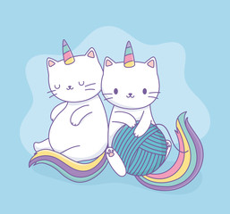 cute cats with rainbow tails and wool ball kawaii characters
