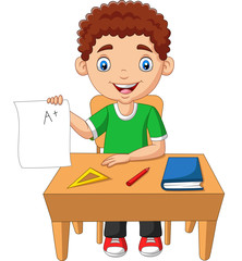 Cartoon little boy holding paper with A plus grade