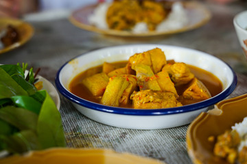 Local Southern Thai Cuisine such as Gaeng Som, Gaeng Sataw, Nam Prik Kapi sale in local markets