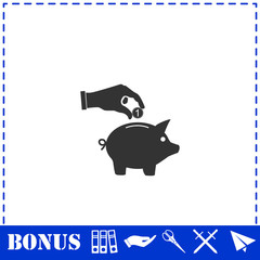 Hand pick down coin into pig money box icon flat