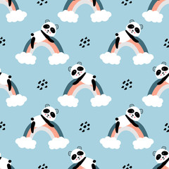 Cute panda on the rainbow  seamless pattern background. Design for fabric, wrapping, textile, wallpaper, apparel.
