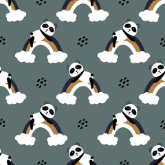 Cute panda on the rainbow  seamless pattern background. Design for fabric, wrapping, textile, wallpaper, apparel.