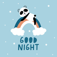 Good night vector print with panda on the rainbow.Vector Illustration. 