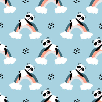 Cute panda on the rainbow  seamless pattern background. Design for fabric, wrapping, textile, wallpaper, apparel.