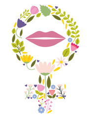 female gender symbol with flowers and lips pop art style