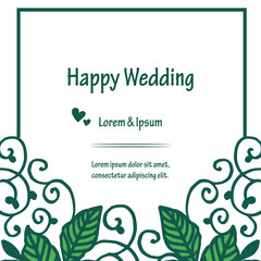 Decoration branches leaf, with cute frame, lettering of happy wedding for invitation card. Vector