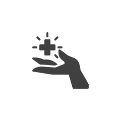 Hand with medical cross vector icon. filled flat sign for mobile concept and web design. Charity hand glyph icon. Symbol, logo illustration. Vector graphics