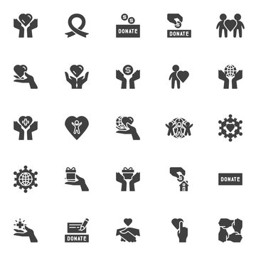 Charity vector icons set, modern solid symbol collection, filled style pictogram pack. Signs, logo illustration. Set includes icons as donate box, money donation hand, awareness ribbon, humanity