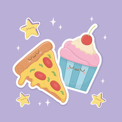 italian pizza and cupcake kawaii characters