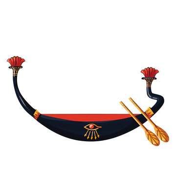 Ancient Egypt wooden boat with paddle for sun god trip cartoon vector illustration. Egyptian culture religious symbol, decorated barque with oar for ancient god, day and night change metaphor