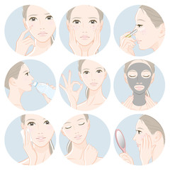 スキンケアをしている女性のイラスト