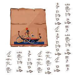Ancient Egypt papyrus cartoon vector with hieroglyphs and Egyptian culture religious symbols, Ra, sun god at night sails in boat on underground river and fights with chaos god serpent Apophis