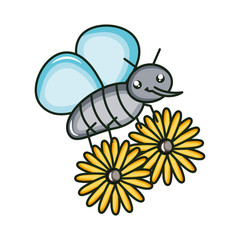 flowers garden with little insect flying kawaii character