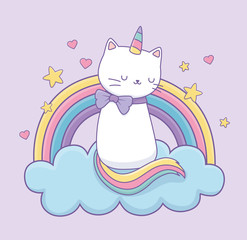 cute cat with rainbow tail on the clouds kawaii character