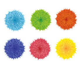 Set of colorful cartoon fluffy pompom. Fur shaggy balls. Red, pink, blue, green, yellow furry shapes. Vector toy isolated on white background. Wool flowers. Funny assets for game design.