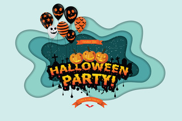 Cut paper Happy Halloween festive abstract background, 3D paper art frame, cut paper texture colorful paper layers, Scary air balloons, moon. Holiday party invitation. illustrator vector Eps10