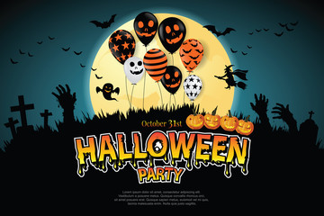 Happy Halloween festive abstract background, Scary air balloons, moon. Holiday party invitation. illustrator vector Eps10