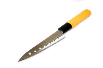 knife Sharp tip With a handle made of yellow wood For cutting meat isolated on white background