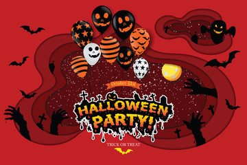 Cut paper Happy Halloween festive abstract background, 3D paper art frame, cut paper texture colorful paper layers, Scary air balloons, moon. Holiday party invitation. illustrator vector Eps10
