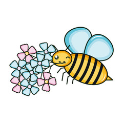 flowers garden with little bee flying kawaii character