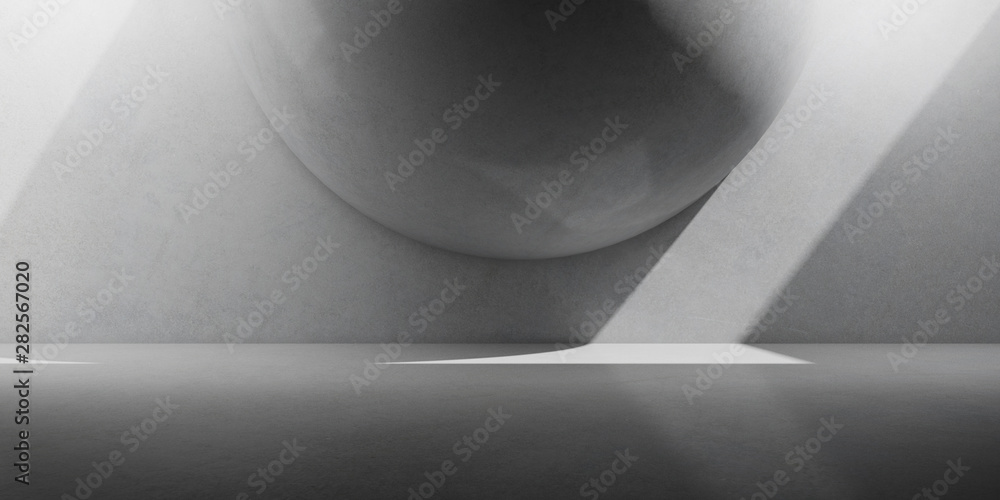 Poster abstract of concrete interior space with sun light cast the shadow on the wall and floor,sphere stru