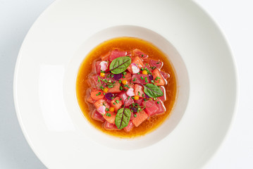 beetroot soup on the white plate