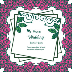 Banner frame, lettering of happy wedding, with crowd of cute flowers. Vector