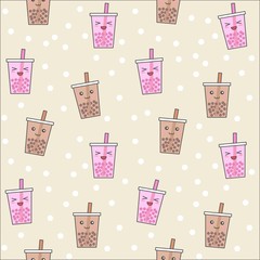 Bubble tea or Pearl milk tea cartoon seamless pattern
