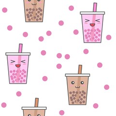 Bubble tea or Pearl milk tea cartoon seamless pattern