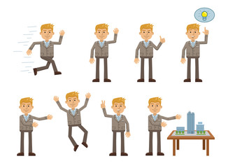 Set of blonde businessman characters posing in different situations. Cheerful businessman running, waving, pointing up, jumping, showing thumb up gesture. Flat vector illustration