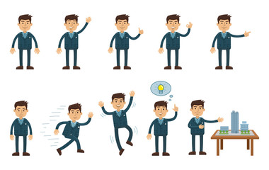 Set of businessman characters posing in different situations. Cheerful businessman showing different hand gestures, running, jumping, pointing up. Flat style vector illustration
