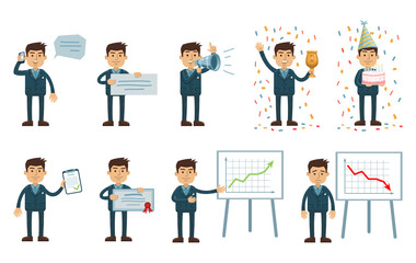 Set of businessman characters posing in different situations. Cheerful businessman talking on phone, holding banner, loudspeaker, certificate, celebrating victory. Flat vector illustration