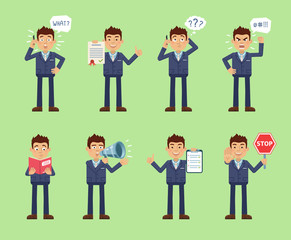 Set of businessman characters posing in different situations. Cheerful businessman talking on phone, thinking, surprised, angry, holding stop sign, book, document. Simple style vector illustration