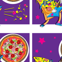 Seamless pizza character background guitar food star notes. Packaging wrapper banner web textiles. Vector image.