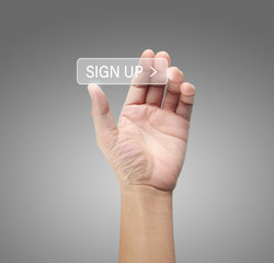 Hands touching button screen interface global connection customer networking