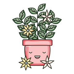 house plant in ceramic pot with flowers kawaii character